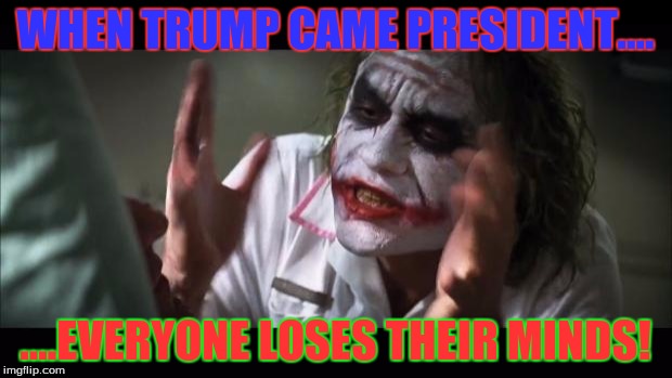 And everybody loses their minds | WHEN TRUMP CAME PRESIDENT.... ....EVERYONE LOSES THEIR MINDS! | image tagged in memes,and everybody loses their minds,trump | made w/ Imgflip meme maker