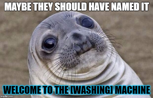 Awkward Moment Sealion Meme | MAYBE THEY SHOULD HAVE NAMED IT WELCOME TO THE [WASHING] MACHINE | image tagged in memes,awkward moment sealion | made w/ Imgflip meme maker
