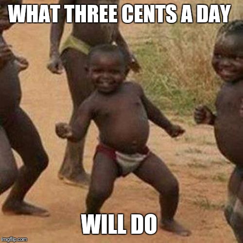 Third World Success Kid | WHAT THREE CENTS A DAY; WILL DO | image tagged in memes,third world success kid | made w/ Imgflip meme maker