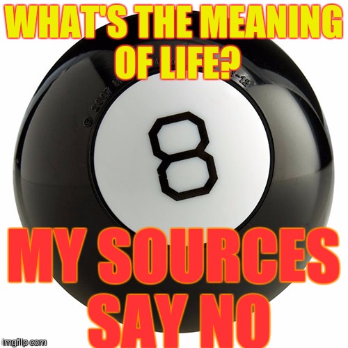 The Meaning of life | WHAT'S THE MEANING OF LIFE? MY SOURCES SAY NO | image tagged in magic 8 ball | made w/ Imgflip meme maker