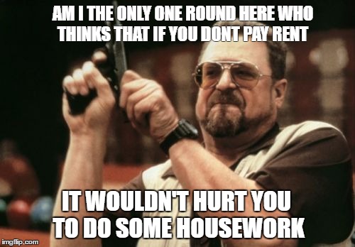 Am I The Only One Around Here Meme | AM I THE ONLY ONE ROUND HERE WHO THINKS THAT IF YOU DONT PAY RENT; IT WOULDN'T HURT YOU TO DO SOME HOUSEWORK | image tagged in memes,am i the only one around here | made w/ Imgflip meme maker