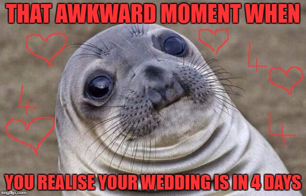 Awkward Moment Sealion | THAT AWKWARD MOMENT WHEN; YOU REALISE YOUR WEDDING IS IN 4 DAYS | image tagged in memes,awkward moment sealion | made w/ Imgflip meme maker