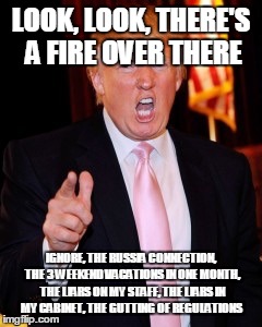 Donald Trump | LOOK, LOOK, THERE'S A FIRE OVER THERE; IGNORE, THE RUSSIA CONNECTION, THE 3 WEEKEND VACATIONS IN ONE MONTH, THE LIARS ON MY STAFF, THE LIARS IN MY CABINET, THE GUTTING OF REGULATIONS | image tagged in donald trump | made w/ Imgflip meme maker