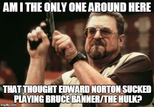 Am I The Only One Around Here Meme | AM I THE ONLY ONE AROUND HERE; THAT THOUGHT EDWARD NORTON SUCKED PLAYING BRUCE BANNER/THE HULK? | image tagged in memes,am i the only one around here | made w/ Imgflip meme maker