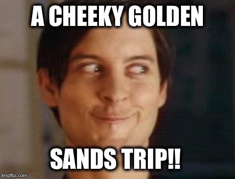 Spiderman Peter Parker | A CHEEKY GOLDEN; SANDS TRIP!! | image tagged in memes,spiderman peter parker | made w/ Imgflip meme maker