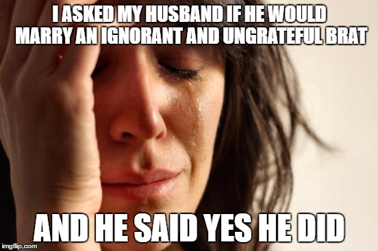 First World Problems | I ASKED MY HUSBAND IF HE WOULD MARRY AN IGNORANT AND UNGRATEFUL BRAT; AND HE SAID YES HE DID | image tagged in memes,first world problems | made w/ Imgflip meme maker