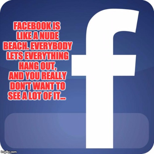 facebook | FACEBOOK IS LIKE A NUDE BEACH. EVERYBODY LETS EVERYTHING HANG OUT, AND YOU REALLY DON'T WANT TO SEE A LOT OF IT... | image tagged in facebook | made w/ Imgflip meme maker