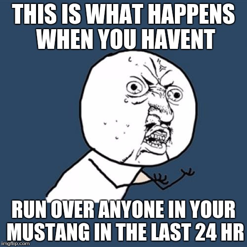 Y U No Meme | THIS IS WHAT HAPPENS WHEN YOU HAVENT; RUN OVER ANYONE IN YOUR MUSTANG IN THE LAST 24 HR | image tagged in memes,y u no | made w/ Imgflip meme maker