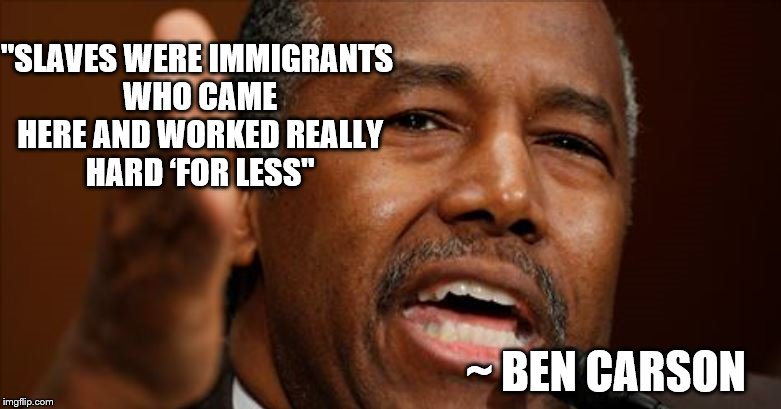 Immigrant Slaves | "SLAVES WERE IMMIGRANTS WHO CAME HERE AND WORKED REALLY HARD ‘FOR LESS"; ~ BEN CARSON | image tagged in ben carson | made w/ Imgflip meme maker