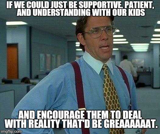 That Would Be Great | IF WE COULD JUST BE SUPPORTIVE, PATIENT, AND UNDERSTANDING WITH OUR KIDS; AND ENCOURAGE THEM TO DEAL WITH REALITY THAT'D BE GREAAAAAAT. | image tagged in memes,that would be great | made w/ Imgflip meme maker