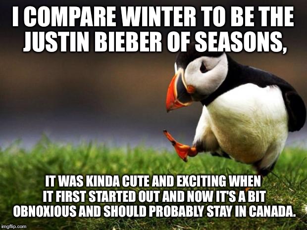 Unpopular Opinion Puffin Meme | I COMPARE WINTER TO BE THE JUSTIN BIEBER OF SEASONS, IT WAS KINDA CUTE AND EXCITING WHEN IT FIRST STARTED OUT AND NOW IT'S A BIT OBNOXIOUS AND SHOULD PROBABLY STAY IN CANADA. | image tagged in memes,unpopular opinion puffin | made w/ Imgflip meme maker