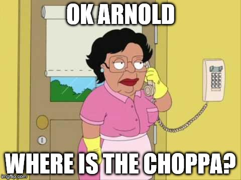 Consuela Meme | OK ARNOLD; WHERE IS THE CHOPPA? | image tagged in memes,consuela | made w/ Imgflip meme maker