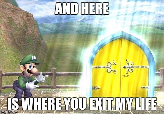 There is a line at my version of this door |  AND HERE; IS WHERE YOU EXIT MY LIFE | image tagged in luigi door,that moment when | made w/ Imgflip meme maker