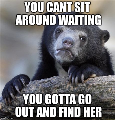 Confession Bear Meme | YOU CANT SIT AROUND WAITING YOU GOTTA GO OUT AND FIND HER | image tagged in memes,confession bear | made w/ Imgflip meme maker