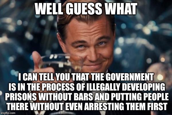 Leonardo Dicaprio Cheers Meme | WELL GUESS WHAT I CAN TELL YOU THAT THE GOVERNMENT IS IN THE PROCESS OF ILLEGALLY DEVELOPING PRISONS WITHOUT BARS AND PUTTING PEOPLE THERE W | image tagged in memes,leonardo dicaprio cheers | made w/ Imgflip meme maker