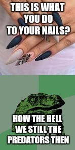 THIS IS WHAT YOU DO TO YOUR NAILS? HOW THE HELL WE STILL THE PREDATORS THEN | image tagged in raptor riding shark | made w/ Imgflip meme maker