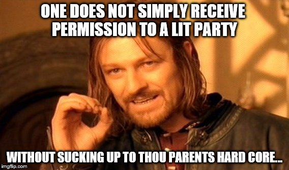 One Does Not Simply | ONE DOES NOT SIMPLY RECEIVE PERMISSION TO A LIT PARTY; WITHOUT SUCKING UP TO THOU PARENTS HARD CORE... | image tagged in memes,one does not simply | made w/ Imgflip meme maker