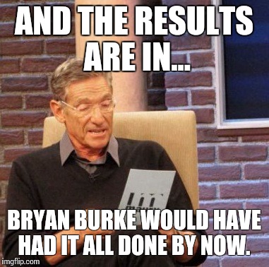 Maury Lie Detector | AND THE RESULTS ARE IN... BRYAN BURKE WOULD HAVE HAD IT ALL DONE BY NOW. | image tagged in memes,maury lie detector | made w/ Imgflip meme maker