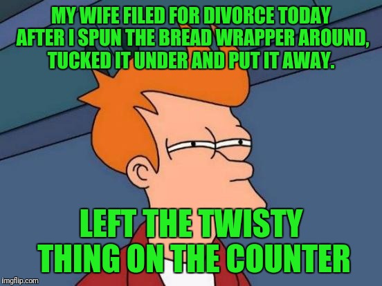 Futurama Fry Meme | MY WIFE FILED FOR DIVORCE TODAY AFTER I SPUN THE BREAD WRAPPER AROUND, TUCKED IT UNDER AND PUT IT AWAY. LEFT THE TWISTY THING ON THE COUNTER | image tagged in memes,futurama fry | made w/ Imgflip meme maker