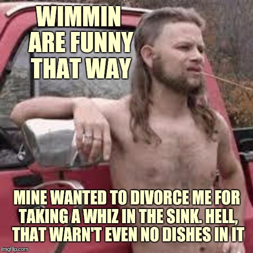 WIMMIN ARE FUNNY THAT WAY MINE WANTED TO DIVORCE ME FOR TAKING A WHIZ IN THE SINK. HELL, THAT WARN'T EVEN NO DISHES IN IT | made w/ Imgflip meme maker