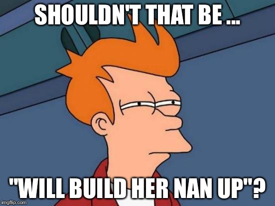 Futurama Fry Meme | SHOULDN'T THAT BE ... "WILL BUILD HER NAN UP"? | image tagged in memes,futurama fry | made w/ Imgflip meme maker