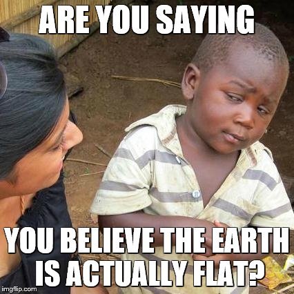 Third World Skeptical Kid Meme | ARE YOU SAYING YOU BELIEVE THE EARTH IS ACTUALLY FLAT? | image tagged in memes,third world skeptical kid | made w/ Imgflip meme maker
