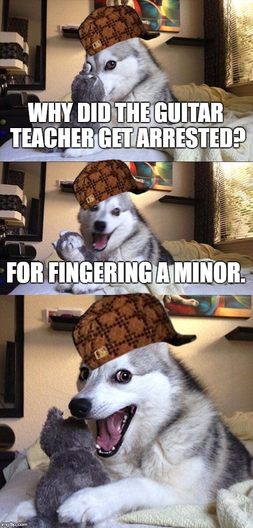 Bad Pun Dog Meme | WHY DID THE GUITAR TEACHER GET ARRESTED? FOR FINGERING A MINOR. | image tagged in memes,bad pun dog,scumbag,nsfw | made w/ Imgflip meme maker