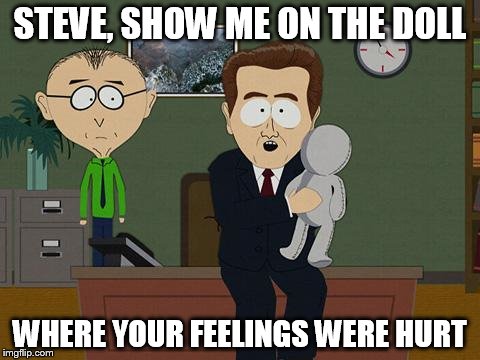 Show me on this doll | STEVE, SHOW ME ON THE DOLL; WHERE YOUR FEELINGS WERE HURT | image tagged in show me on this doll | made w/ Imgflip meme maker