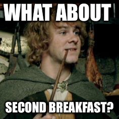 Merry Brandybuck be like | WHAT ABOUT; SECOND BREAKFAST? | image tagged in memes,funny memes | made w/ Imgflip meme maker