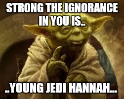 yoda | STRONG THE IGNORANCE IN YOU IS.. ..YOUNG JEDI HANNAH... | image tagged in yoda | made w/ Imgflip meme maker
