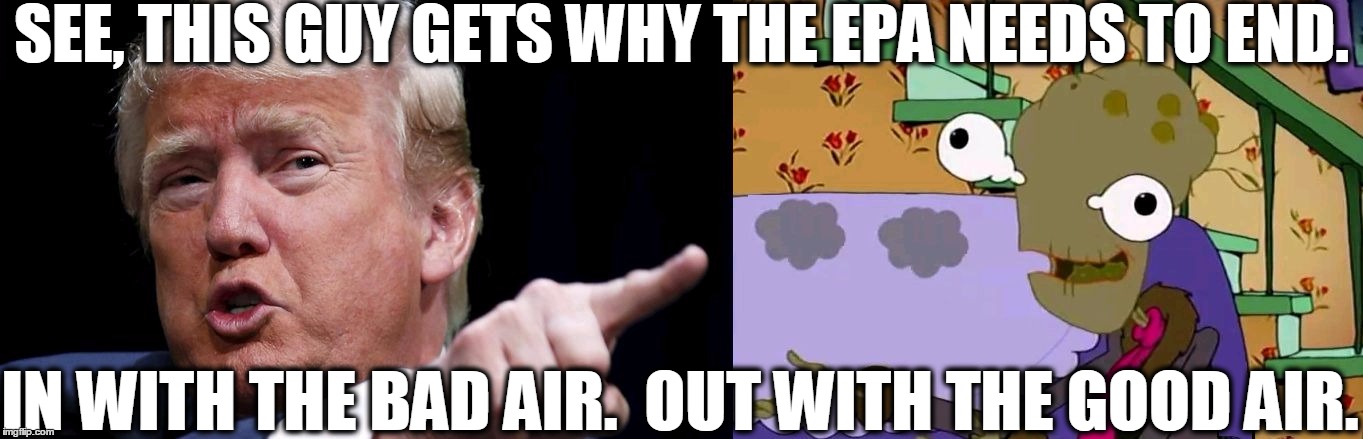 conway trump | SEE, THIS GUY GETS WHY THE EPA NEEDS TO END. IN WITH THE BAD AIR.  OUT WITH THE GOOD AIR. | image tagged in conway trump,trump,donald trump,courage the cowardly dog,environmental protection agency,epa | made w/ Imgflip meme maker