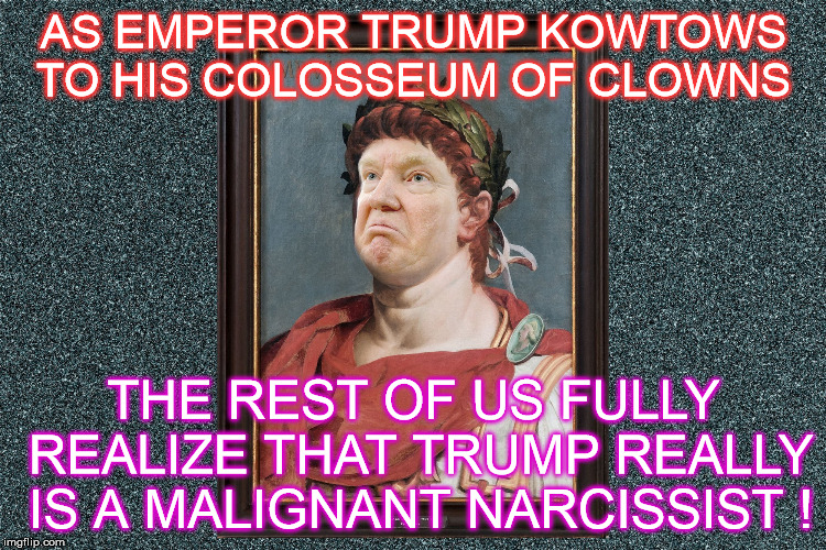As America burns ,Trump just fiddlers away on Twitter | AS EMPEROR TRUMP KOWTOWS TO HIS COLOSSEUM OF CLOWNS; THE REST OF US FULLY REALIZE THAT TRUMP REALLY IS A MALIGNANT NARCISSIST ! | image tagged in donald trump | made w/ Imgflip meme maker