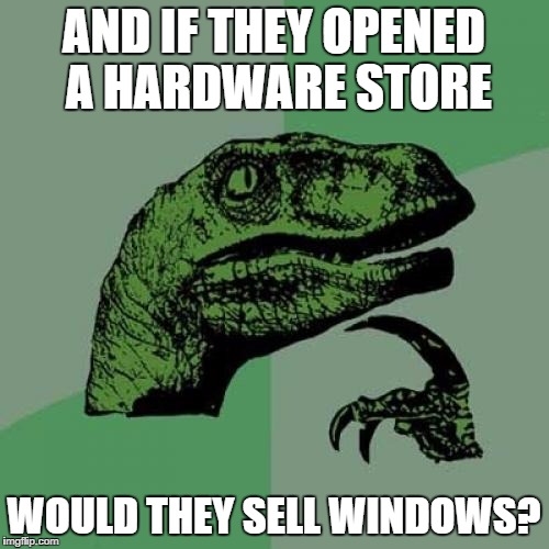Philosoraptor Meme | AND IF THEY OPENED A HARDWARE STORE WOULD THEY SELL WINDOWS? | image tagged in memes,philosoraptor | made w/ Imgflip meme maker