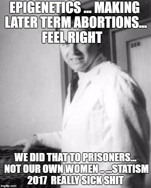 Mengele | EPIGENETICS ... MAKING LATER TERM ABORTIONS... FEEL RIGHT; WE DID THAT TO PRISONERS... NOT OUR OWN WOMEN .. ...STATISM 2017  REALLY SICK SHIT | image tagged in mengele | made w/ Imgflip meme maker
