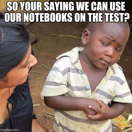 Third World Skeptical Kid Meme | SO YOUR SAYING WE CAN USE OUR NOTEBOOKS ON THE TEST? | image tagged in memes,third world skeptical kid | made w/ Imgflip meme maker