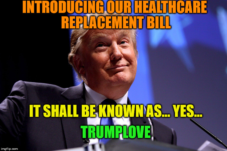 And you know you want it! It's going to be good, so good | INTRODUCING OUR HEALTHCARE REPLACEMENT BILL; IT SHALL BE KNOWN AS... YES... TRUMPLOVE | image tagged in donald trump,trumplove,health care | made w/ Imgflip meme maker