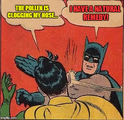 Robin has Sinus Trouble | THE POLLEN IS CLOGGING MY NOSE... I HAVE A NATURAL REMEDY! | image tagged in batman slapping robin,springtime,sinus trouble,pollen | made w/ Imgflip meme maker