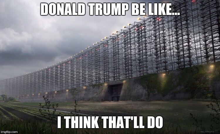 donald trump wall | DONALD TRUMP BE LIKE... I THINK THAT'LL DO | image tagged in donald trump,trump,wall,memes | made w/ Imgflip meme maker