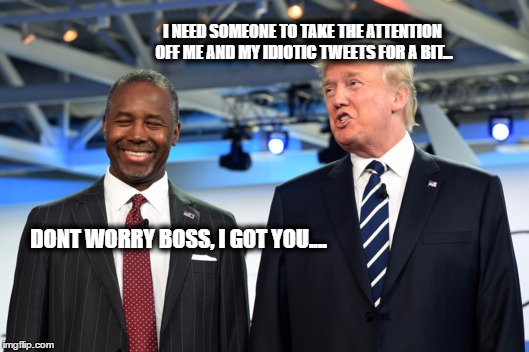 Slaves are Immigrants too | I NEED SOMEONE TO TAKE THE ATTENTION OFF ME AND MY IDIOTIC TWEETS FOR A BIT... DONT WORRY BOSS, I GOT YOU.... | image tagged in donald trump,ben carson,college conservative | made w/ Imgflip meme maker
