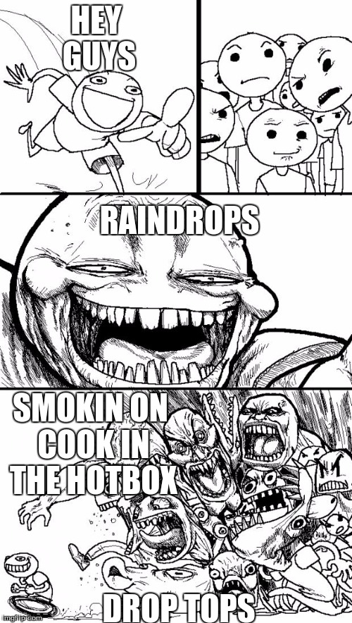Hey Internet Meme | HEY GUYS; RAINDROPS; SMOKIN ON COOK IN THE HOTBOX; DROP TOPS | image tagged in memes,hey internet | made w/ Imgflip meme maker