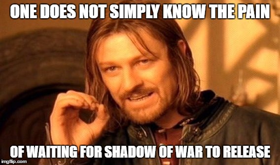 Middle-Earth: Shadow of War | ONE DOES NOT SIMPLY KNOW THE PAIN; OF WAITING FOR SHADOW OF WAR TO RELEASE | image tagged in memes,one does not simply,shadow of war,warner bros,tolkien,mordor | made w/ Imgflip meme maker