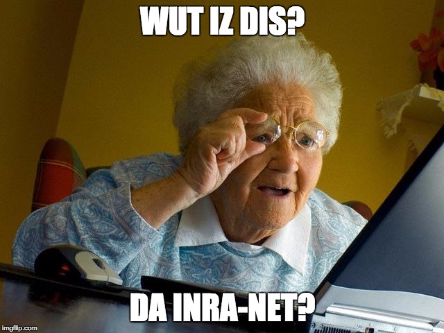 Grandma Finds The Internet | WUT IZ DIS? DA INRA-NET? | image tagged in memes,grandma finds the internet | made w/ Imgflip meme maker