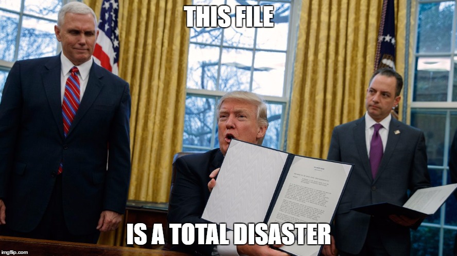 trump executive orders | THIS FILE; IS A TOTAL DISASTER | image tagged in trump executive orders | made w/ Imgflip meme maker
