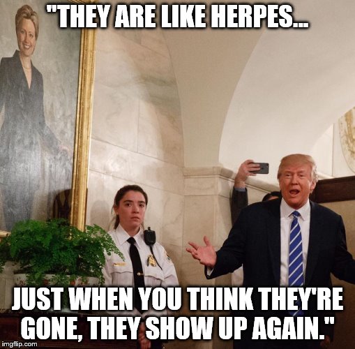 Clinton herpes | "THEY ARE LIKE HERPES... JUST WHEN YOU THINK THEY'RE GONE, THEY SHOW UP AGAIN." | image tagged in trump,clinton | made w/ Imgflip meme maker