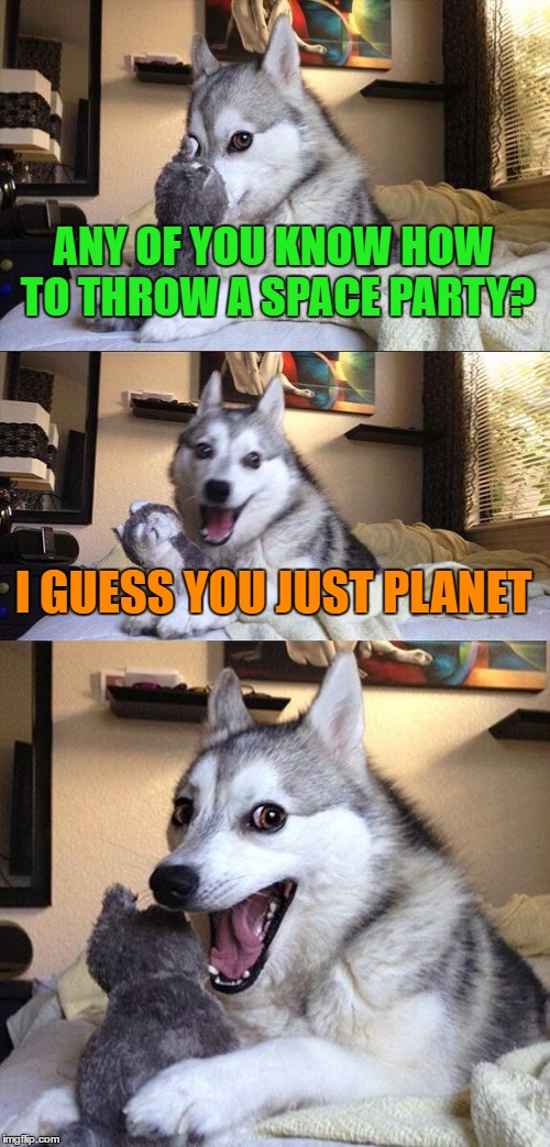 Bad Pun Dog Meme | ANY OF YOU KNOW HOW TO THROW A SPACE PARTY? I GUESS YOU JUST PLANET | image tagged in memes,bad pun dog,space,party,astronomy,funny | made w/ Imgflip meme maker