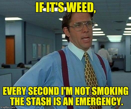 That Would Be Great Meme | IF IT'S WEED, EVERY SECOND I'M NOT SMOKING THE STASH IS AN EMERGENCY. | image tagged in memes,that would be great | made w/ Imgflip meme maker