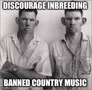 Inbreeding  | DISCOURAGE INBREEDING; BANNED COUNTRY MUSIC | image tagged in inbreeding,country music,inbred,funny,memes | made w/ Imgflip meme maker