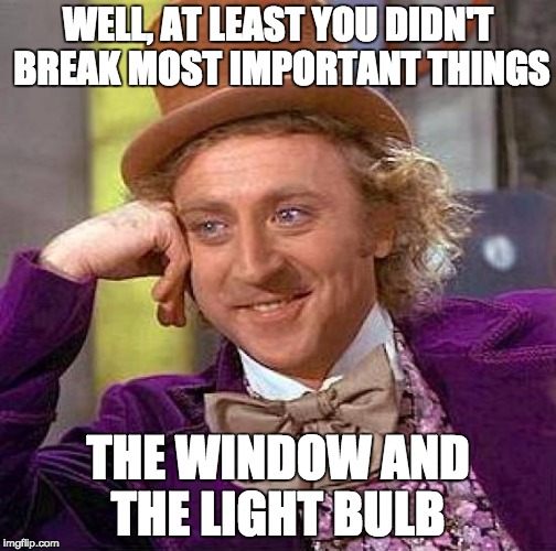 Creepy Condescending Wonka Meme | WELL, AT LEAST YOU DIDN'T BREAK MOST IMPORTANT THINGS THE WINDOW AND THE LIGHT BULB | image tagged in memes,creepy condescending wonka | made w/ Imgflip meme maker