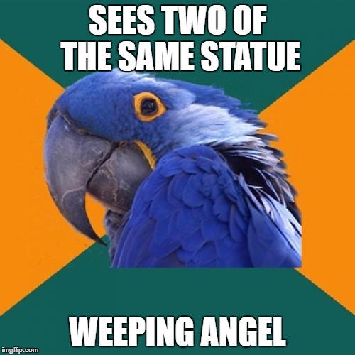 Paranoid Parrot | SEES TWO OF THE SAME STATUE; WEEPING ANGEL | image tagged in memes,paranoid parrot | made w/ Imgflip meme maker