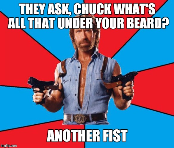 Chuck Norris With Guns | THEY ASK, CHUCK WHAT'S ALL THAT UNDER YOUR BEARD? ANOTHER FIST | image tagged in memes,chuck norris with guns,chuck norris | made w/ Imgflip meme maker